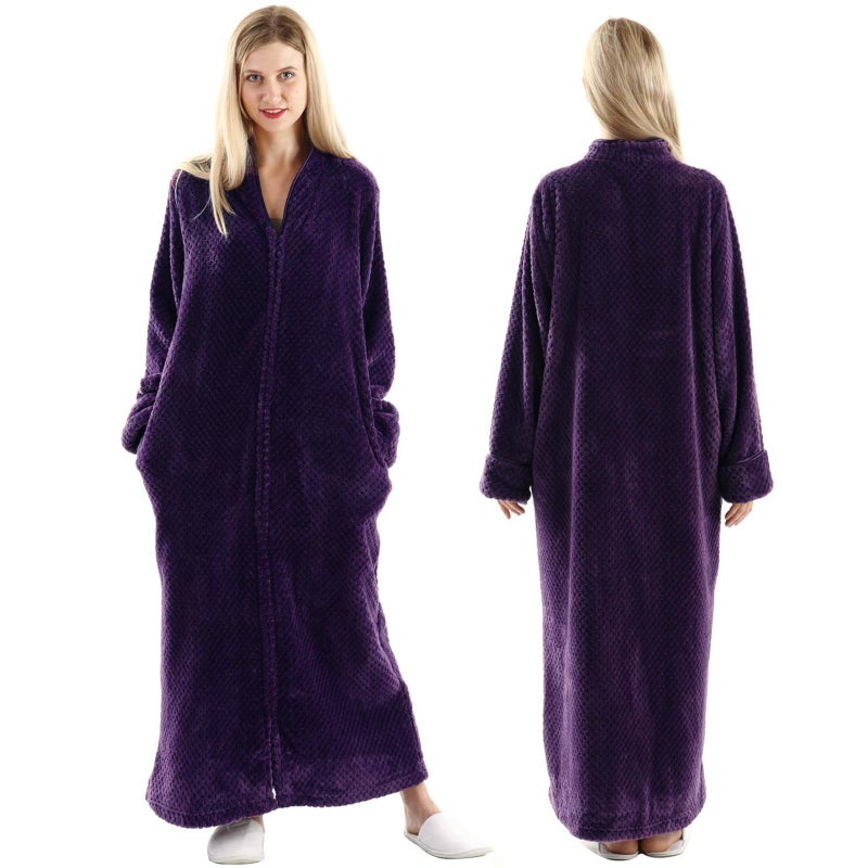 Oksun Womens Fleece Warm Robe: Cozy Flannel Long Zipper Bathrobe - Plush Winter Housecoat Nightgown (Purple, X-Large) - Image 1